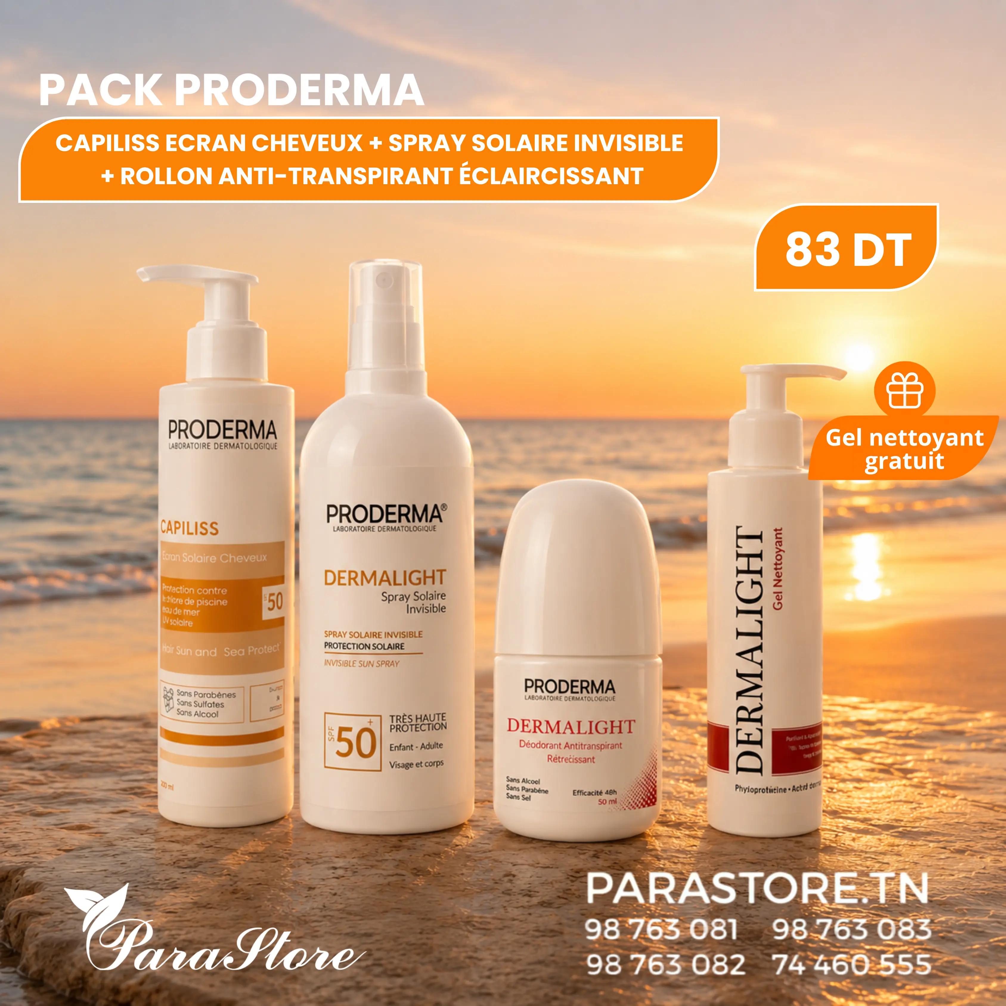 PRODERMA LABORATOIRE LABORATOIRE PACK SPRAY SOLAIRE SPF50+ + ÉCRAN CHEVEUX + ROLL-ON ÉCLAIRCISSANT + GEL NETTOYANT