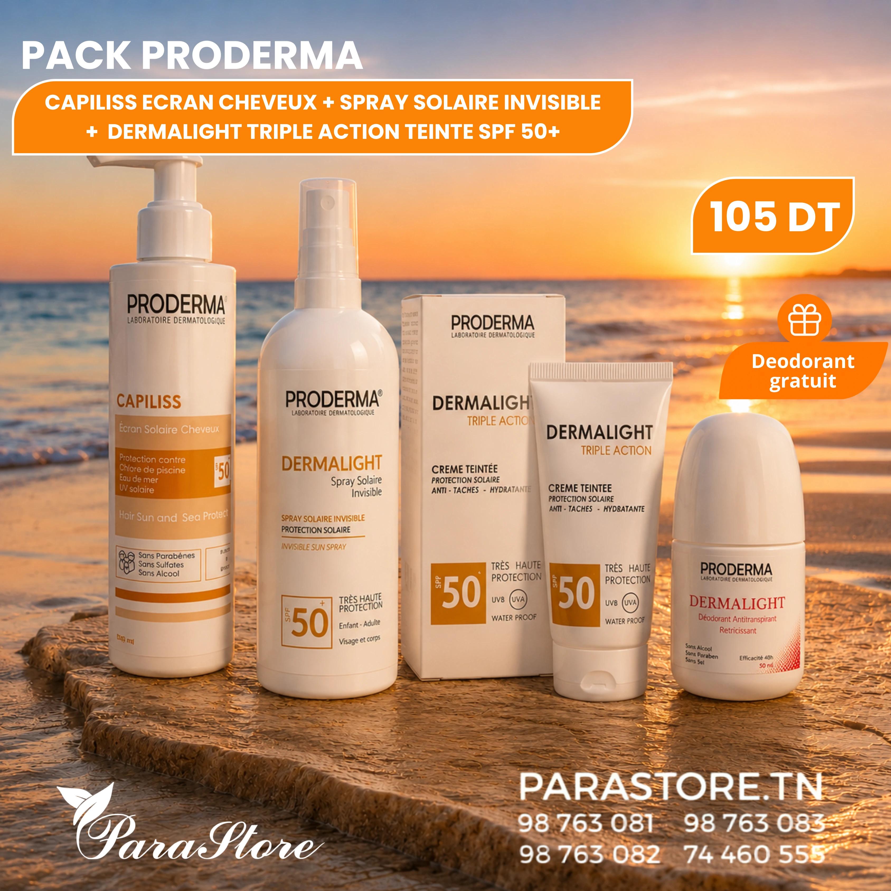 PRODERMA LABORATOIRE LABORATOIRE PACK ÉCRAN TEINTÉ SPF50+ + SPRAY SOLAIRE INVISIBLE + ÉCRAN CHEVEUX + DÉODORANT