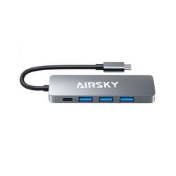 AIRSKY Adaptateur Type-C 5en1 Vers USB 3.0 + 3 * USB 2.0 + Port de Charge USB C PD HC-13E Argent