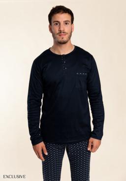 Pyjama Simon Homme en Coton : Pull Col Rond Pantalon Élastique