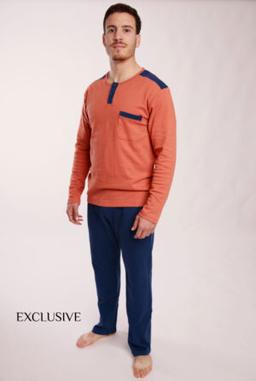 Pyjama Homme Cédric Confort: Pull Boutonné & Pantalon Orangé