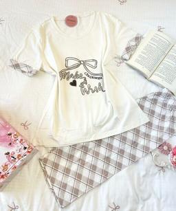 Pyjama Coton Pantacourt Beige & « Make A Wish »