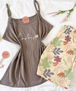 Pyjama Short Coton Taupe & Fleurie