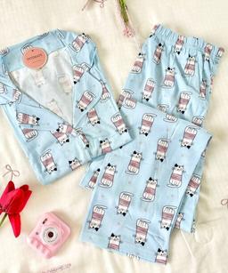 Pyjama Chemise Demi Manches Coton Ciel Imprimé Chats