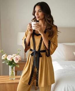 Pyjama 3 Pièces Velours Moutarde & Dentelle Noire