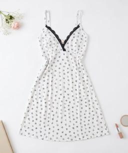 Pyjama Robe Bretelles en Coton Viscose en & Dentelle Noire