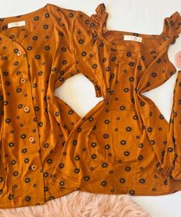 Pyjama 3 Pièces Coton Viscose Marron Pointillé Fleurs Noirs