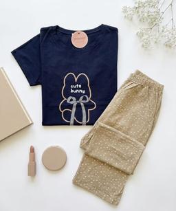 Pyjama Coton Pantacourt Beige & Cute Bunny