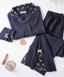 Pyjama Chemise Manches Longues Coton & Dentelle Mauve