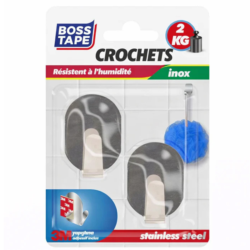 Boss Tape de 2 Crochets Mural Tape 33×44 mm Inox