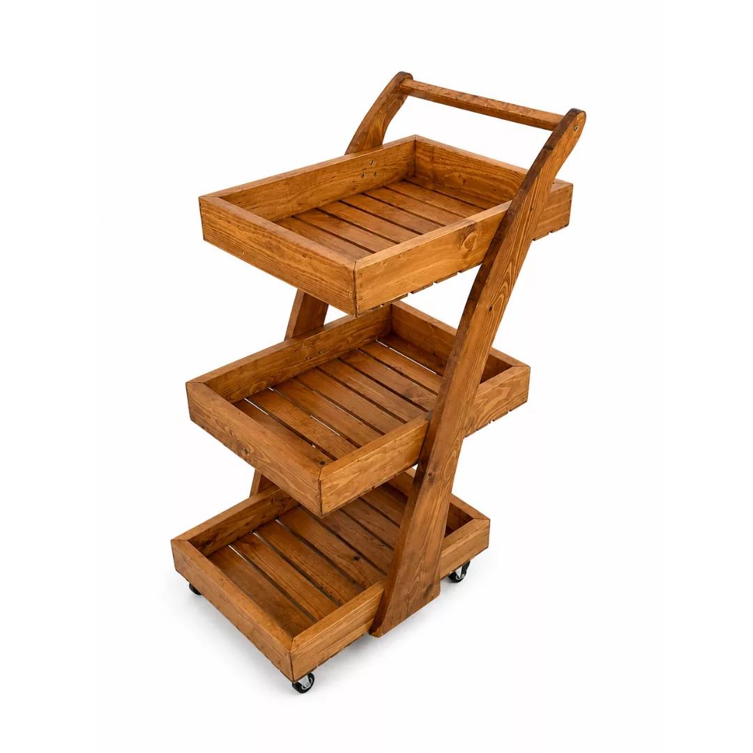 Chariot de Service en Bois à 3 Niveaux sur Roulettes Style Rustique Chic