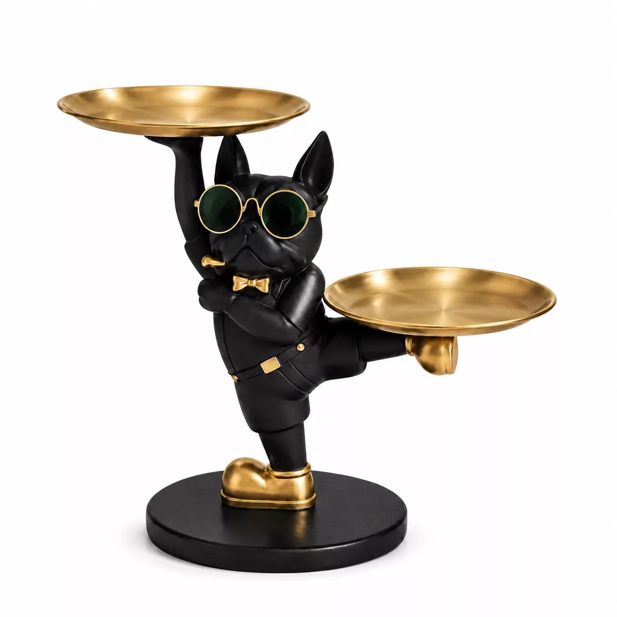 Vide-poche Bouledogue Doré à Deux Plateaux Statue Décorative