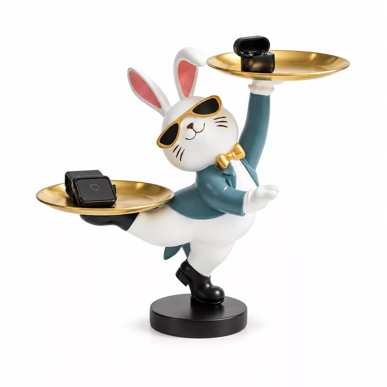 Vide-poche Lapin Majordome à Deux Plateaux Dorés Statue Décorative
