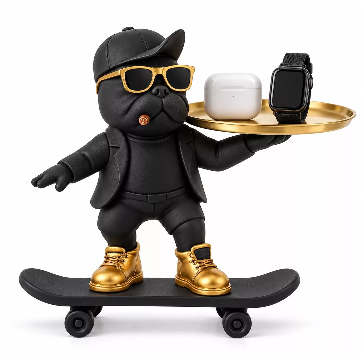 Vide-poche Bouledogue sur Skateboard Doré Statue Décorative
