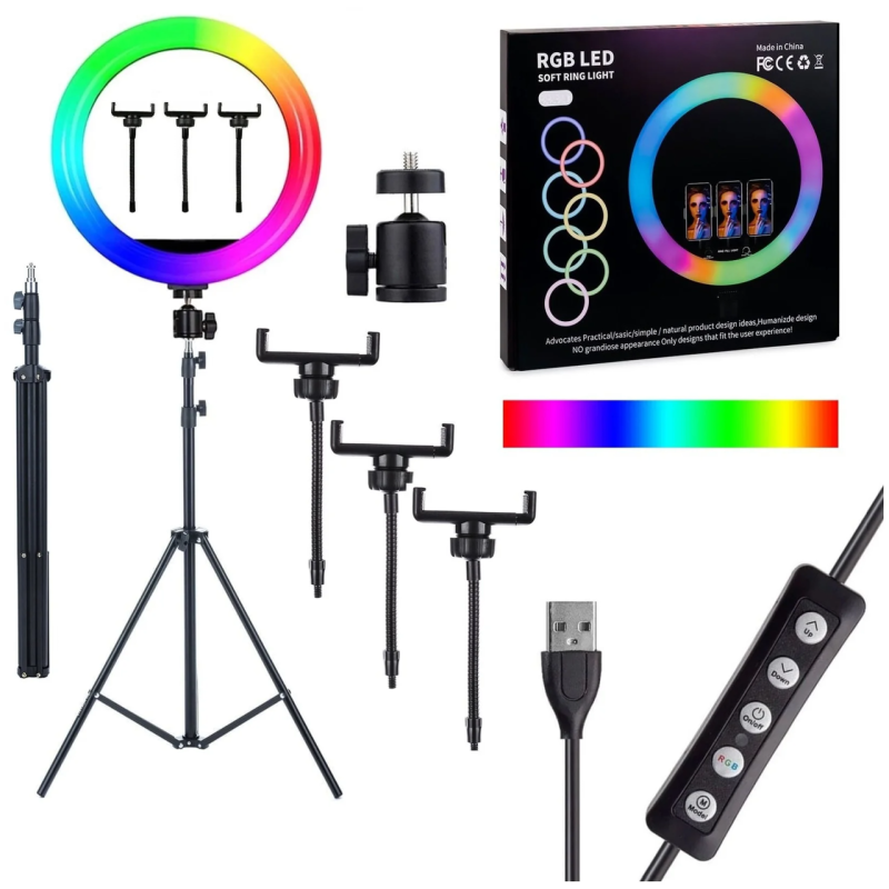 Selfie Ring Light 36CM -RGB + tripode 2M + COMMANDE BT
