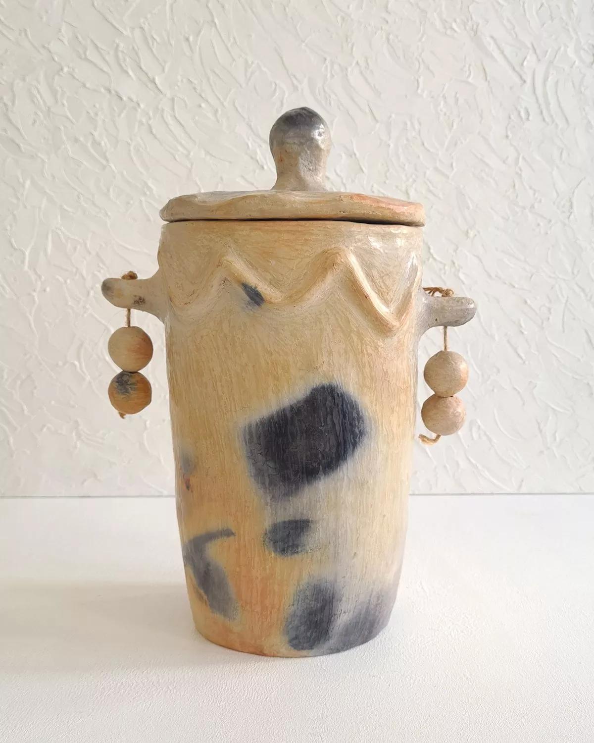 Anaspika Pot céramique artisanal berbère AZIZA Couvercle sculpté & Sejnane