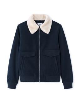 Blouson Woolness en laine mélangé à col fourrure marine