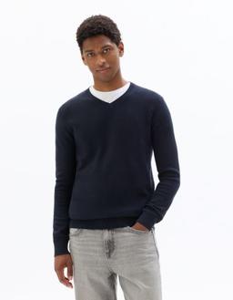 slim col V 100% coton piqué biologique marine