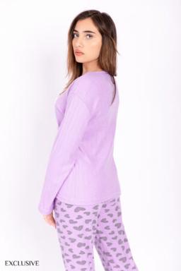 Sabi Pyjama : Pull Coton Rayé & Pantalon Cœur Mauve Lilas