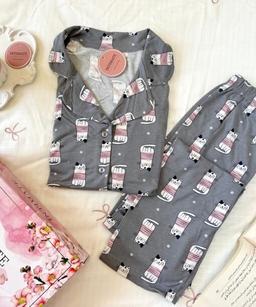 Pyjama Chemise Demi Manches Coton Imprimé Chats