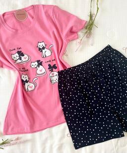 Pyjama Short Demi Manches Coton & « Cute Cat »