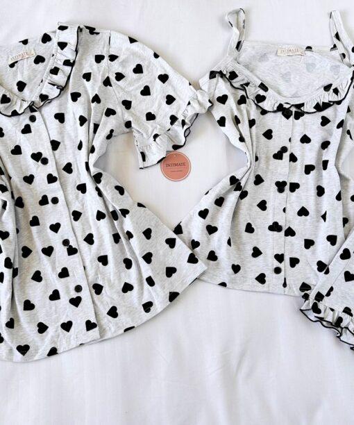 Spéciale Pyjama3 Pièces Coton Viscose Pointillé Cœurs Noirs