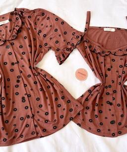 Spéciale Pyjama 3 Pièces Coton Viscose Nude Pointillé Fleurs Noires