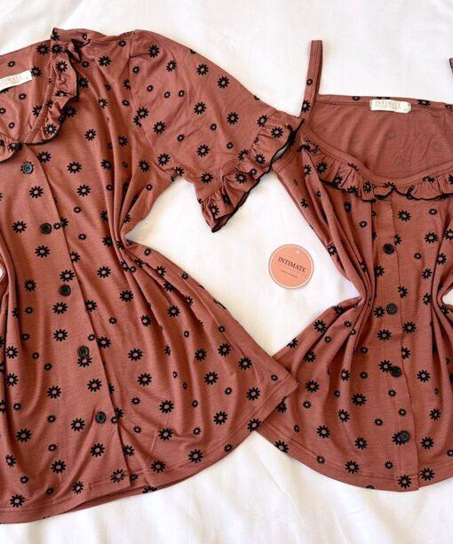 Spéciale Pyjama 3 Pièces Coton Viscose Nude Pointillé Fleurs Noires