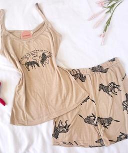 Pyjama Short Coton Beige Imprimé Zèbre