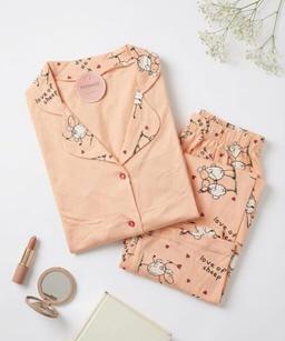 Pyjama Chemise Coton Manches Longues Saumon