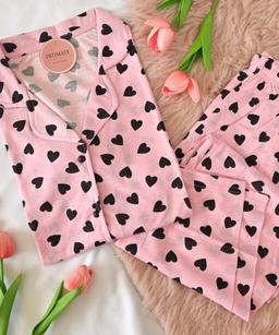 Pyjama Chemise Demi Manches Coton Pointillé Cœurs Noirs