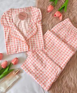 Pyjama Chemise Coton Demi Manches Carreaux Imprimé Fleurs