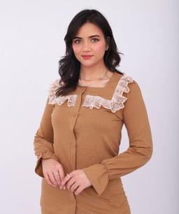 Pyjama Chemise Manches Longues Coton Camel & Dentelle Blanche