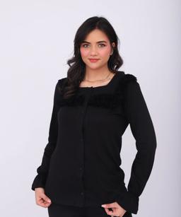 Pyjama Chemise Manches Longues Coton & Dentelle Noire