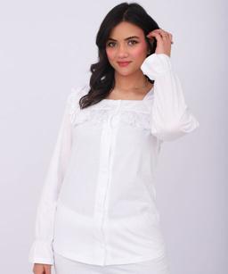 Pyjama Chemise Manches Longues Coton & Dentelle Blanche