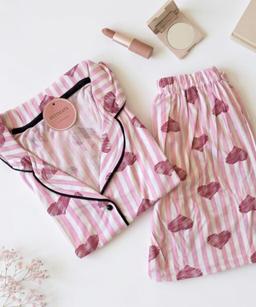 Pyjama Chemise Short Coton Rayé Imprimé Cœurs