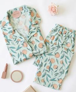 Pyjama Chemise Pantalon Demi Manches Coton Imprimé Peach