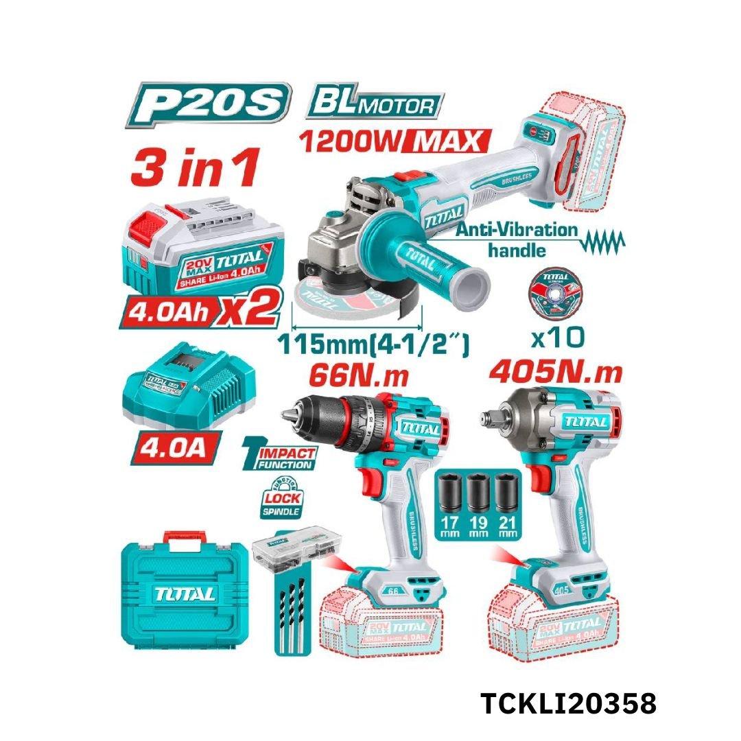 TOTAL Kit outillages 3en1 20v TCKLI20358