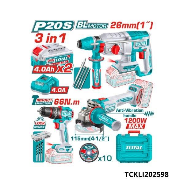 TOTAL Kit outillages 3en1 + accessoires 20v 2.4ah TCKLI202598