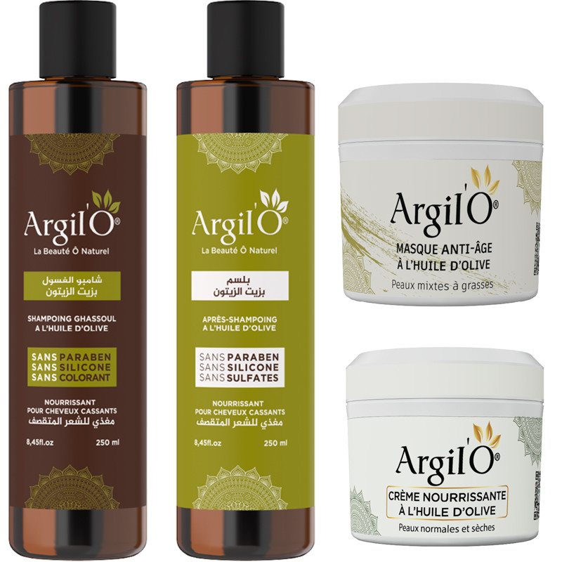 Argil'O Olive : Shampoing Ghassoul + Après Shampoing + Nourrissante + Masque Anti-âge