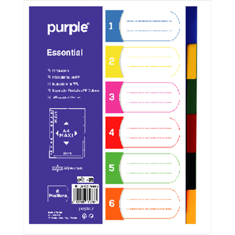 Purple Intercalaires Essential Numérique A4 6 Positions Assorties