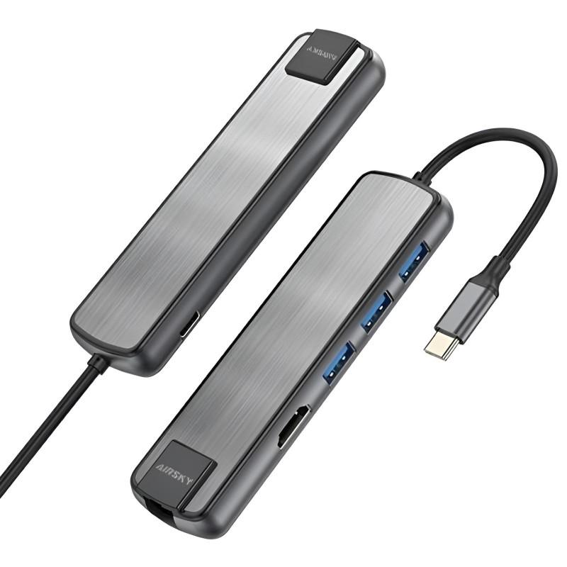 AIRSKY Adaptateur 6En1 Type-C Vers HDMI + USB A + USB-C + RJ45