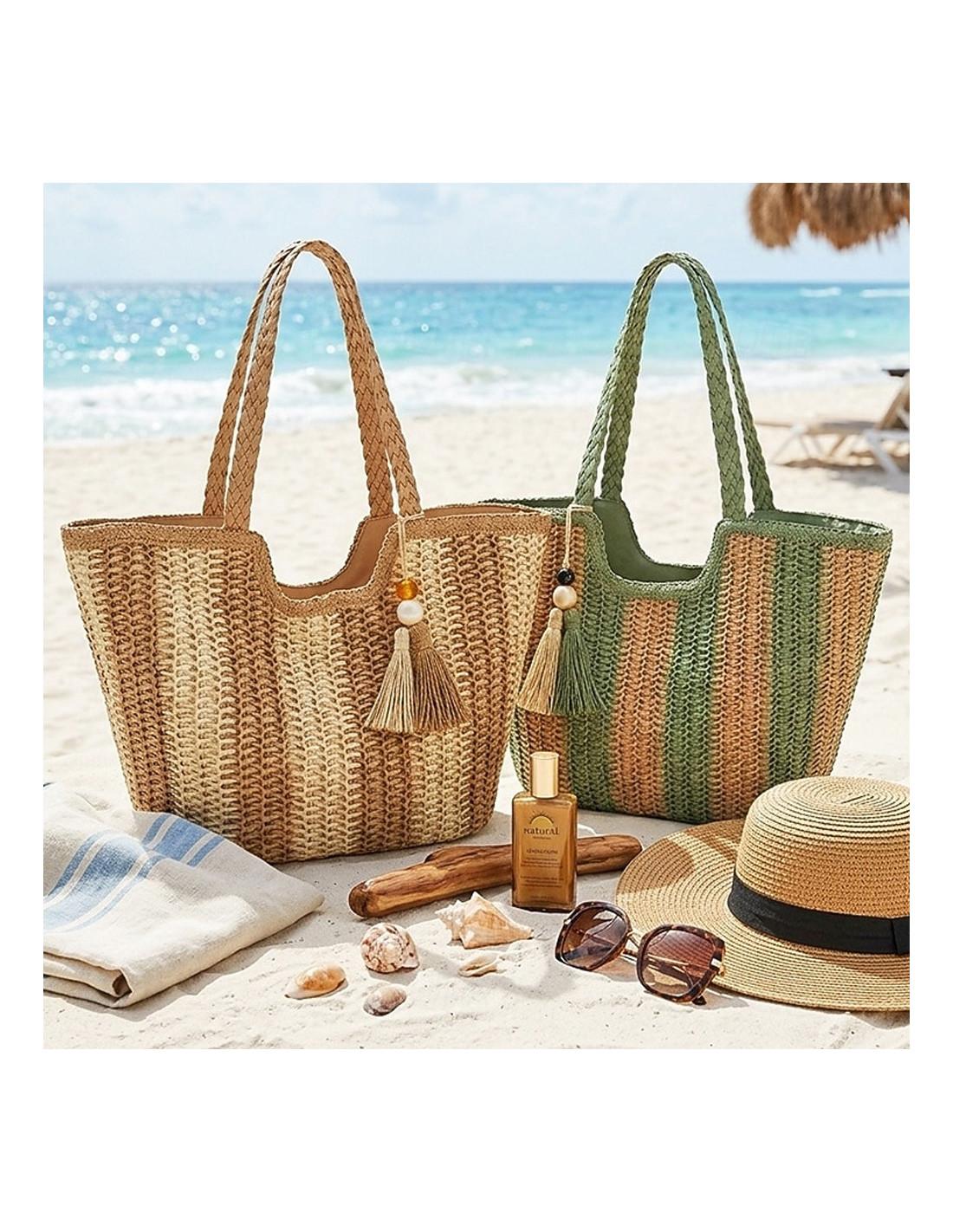 Cabas Femme Tressé Rayé Style Bohème Chic pour Plage & Été