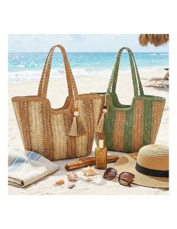 Cabas Femme Tressé Rayé Style Bohème Chic pour Plage & Été