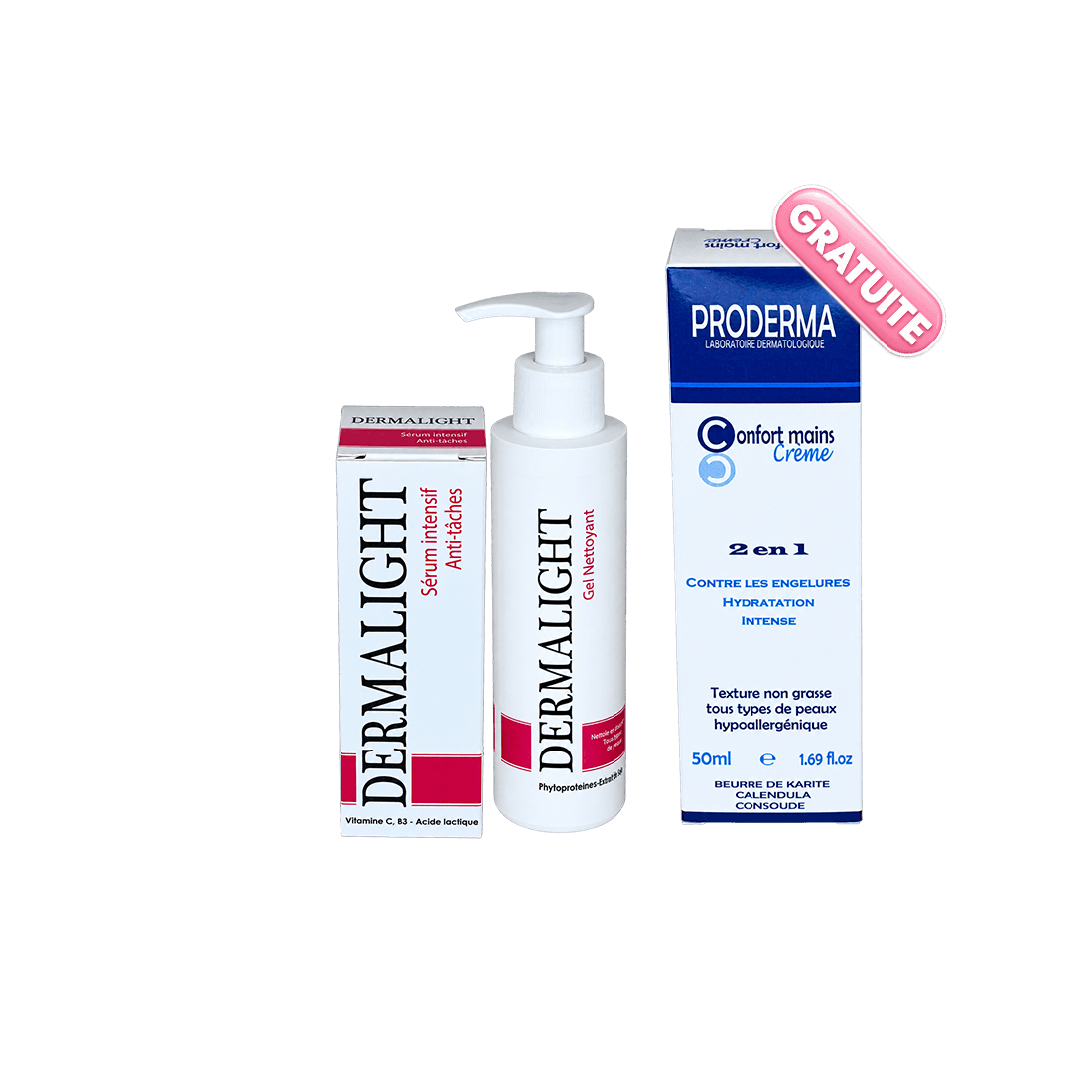 DERMALIGHT ANTI-TACHES — SÉRUM INTENSIF + GEL NETTOYANT + MAINS PRODERMA 50