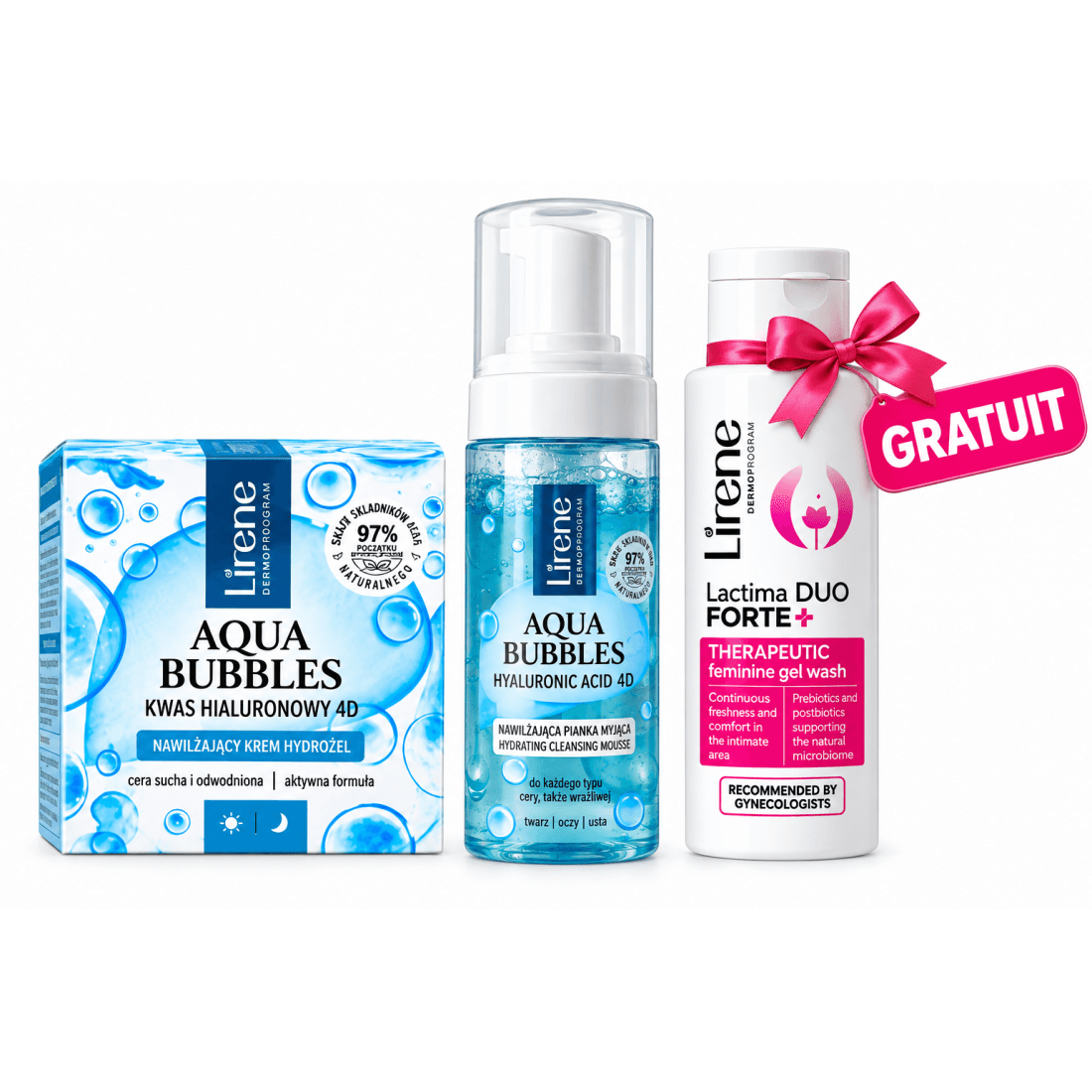 LIRENE AQUA BUBBLES HYDROGEL + MOUSSE NETTOYANTE 150 ML + LACTIMA DUO FORTE+