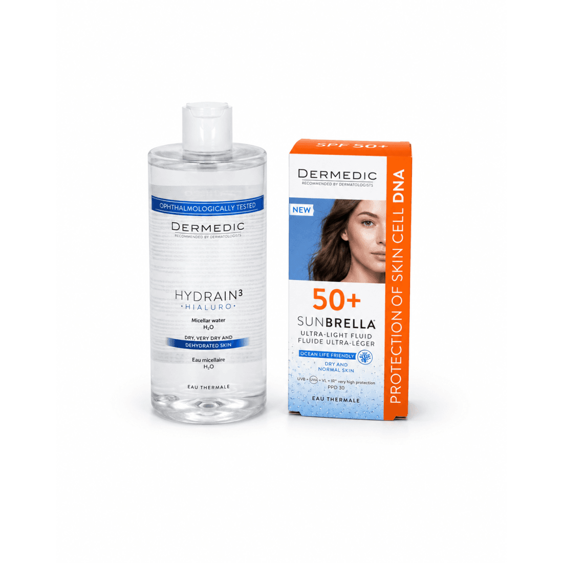 DERMEDIC PACK ECRAN SUNBRELLA FLUIDE SPF50+ PEAUX MIXTES A GRASSES + HYDRAIN3 EAU