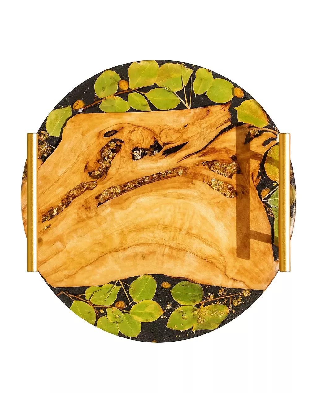 Rond Plateau en Bois d’Olivier Résine Florale Poignées Dorées
