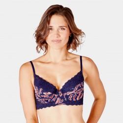YAOUNDE Soutien-gorge ampliforme coque moulée en dentelle française navy