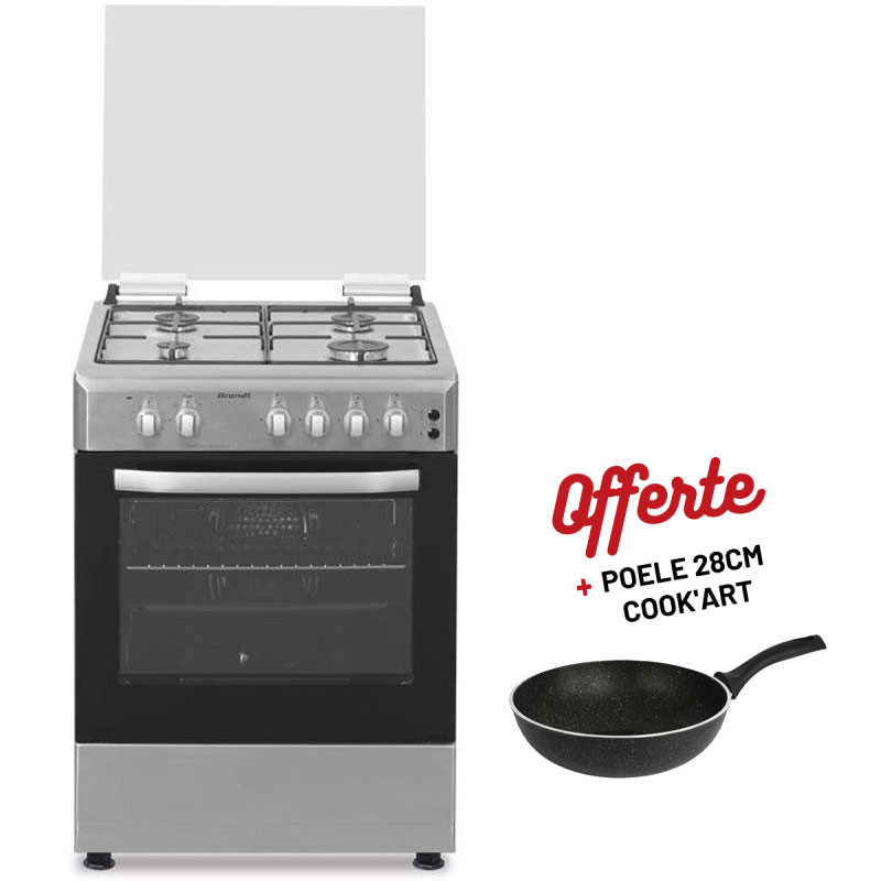 Brandt Cuisinière a Gaz BGE6241X 4 Feux Inox + Poêle COOK'ART 28 cm